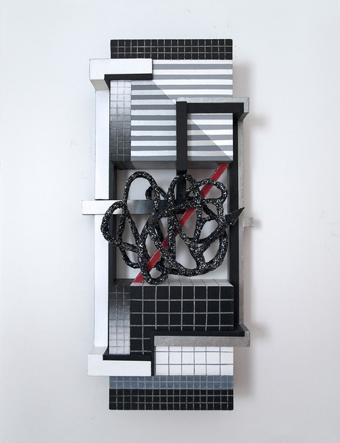 Detour Small Constructions wood, hardboard, wrapped wire, aluminum plate, glitter, acrylic paint