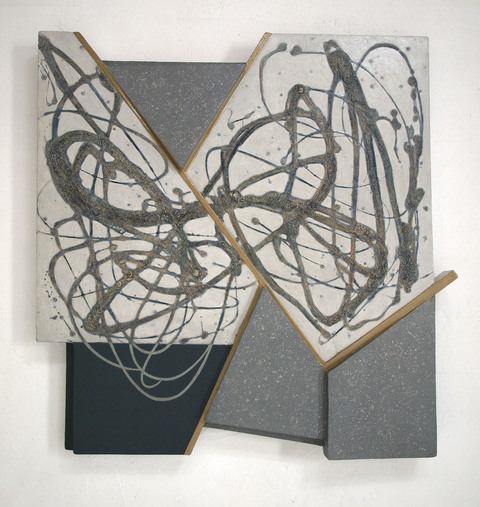 Split Decision Mid-size Constructions oil on mixed media on canvas over shaped panel