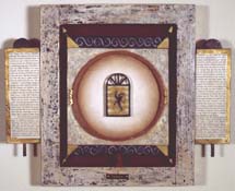Melusina Highlights oil, wax, text, photo collage, wood, mixed media