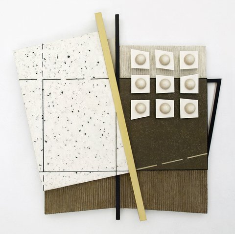 Either/Or Mid-size Constructions oil on canvas, wood, aluminum plate, plaster cast spheres over shaped support