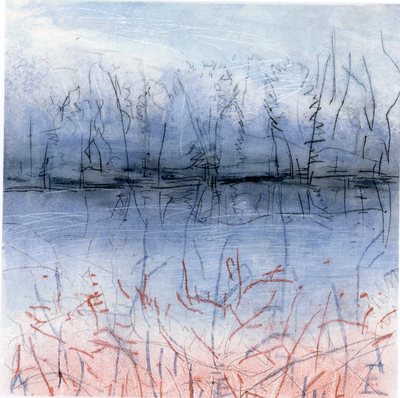 River Walks (icy pink branches) River Walk: Monoprints Drypoint and monotype