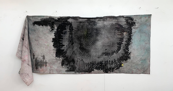 Marilyn Levin 2021 - Dropcloths Oil and Ink on Dropcloth