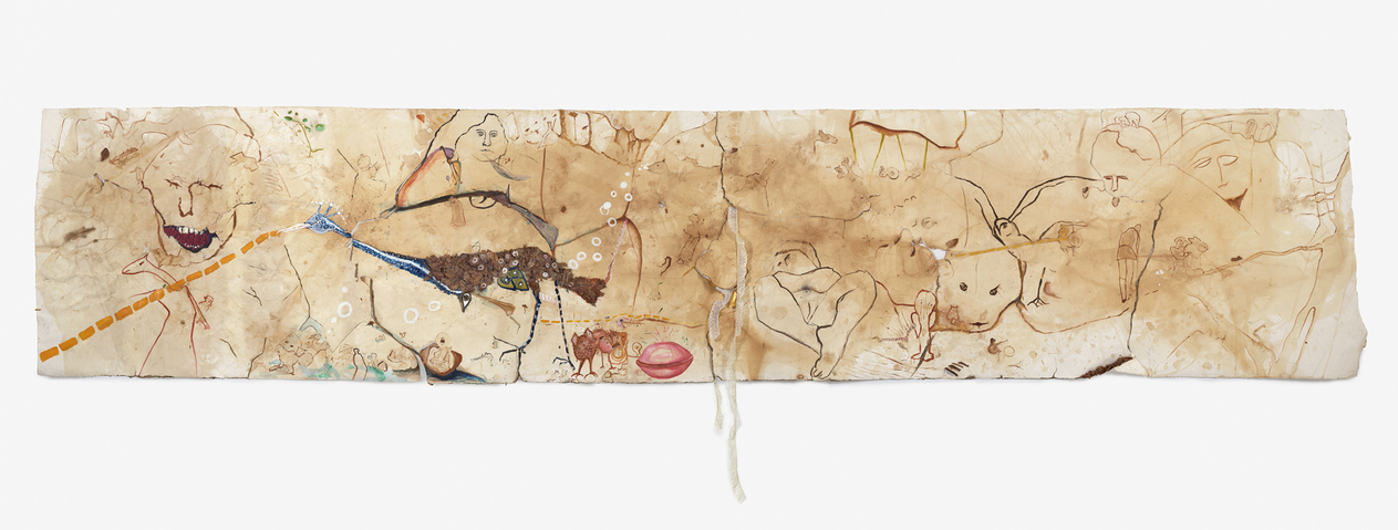 Marsha Nouritza Odabashian 21' Drawing Onionskins, Onionskin Dye, Conte Crayon, Graphite, Acrylic Paint and Lace on Stonehenge Paper 