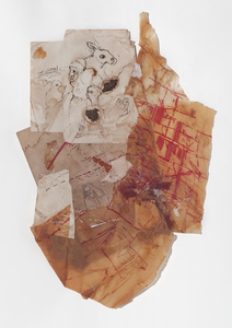 Marsha Nouritza Odabashian Drawing/painting/collage  Onionskin dyed paper, vellum and eggshells, embroidery floss, sponge, India ink and graphite