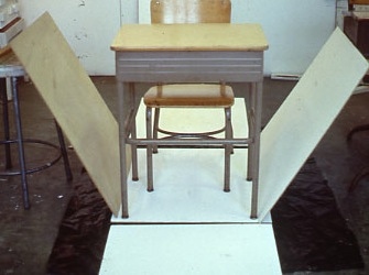 Martha Schlitt BRICKS AND PLASTER school desk, chair, luan panels