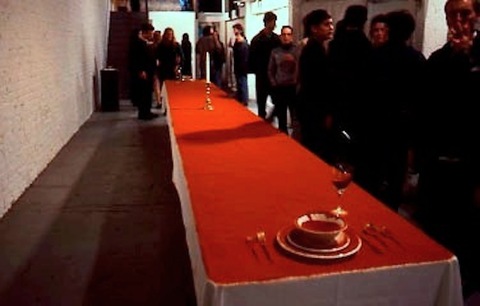 Martha Schlitt INSTALLATIONS banquet table, linen, place setting, paprika