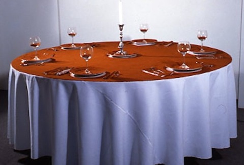 Martha Schlitt INSTALLATIONS Banquet table, tablecloth, dishware, placesettings, paprika