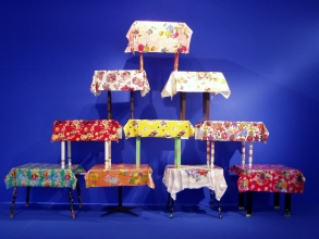 Marty Baird Installations oilcloth tablecloths, made and found tables, paint