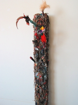 Marty Greenbaum WALL RELIEFS wood, chain, string, feathers, mixed media