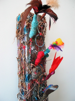 Marty Greenbaum WALL RELIEFS wood, chain, string, feathers, mixed media