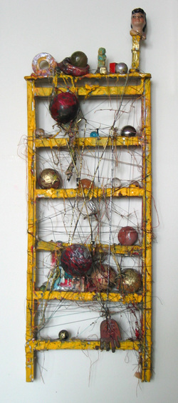 Marty Greenbaum WALL RELIEFS plastic, thread, stones, glass balls, mixed media