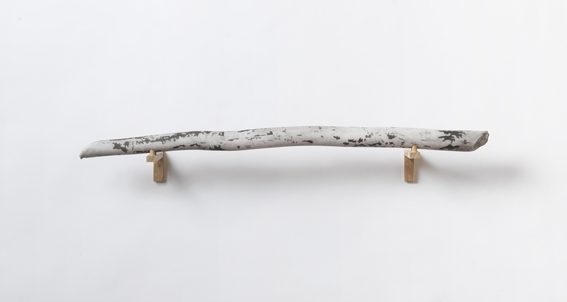 Meg Alexander beaver stick Ink, graphite, gesso on stick mounted with oak braces