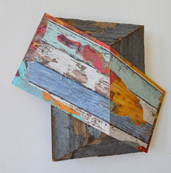 Melinda Rosenberg Board Series  paint, glitter and wall paper on pine and found wood