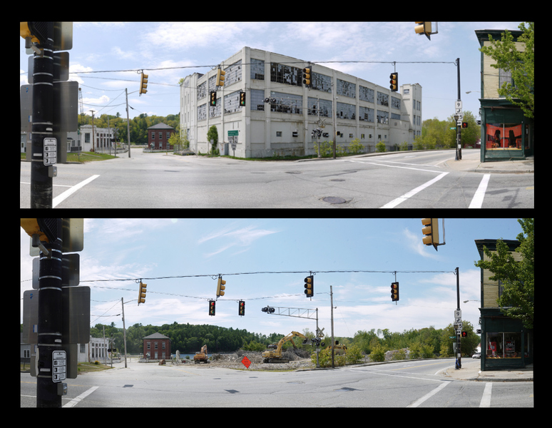 Looking Southwest, Intersection of Route 196 and Main and Canal Streets, 23 May and 09 August Michael Kolster Outside the Mill archival pigment print