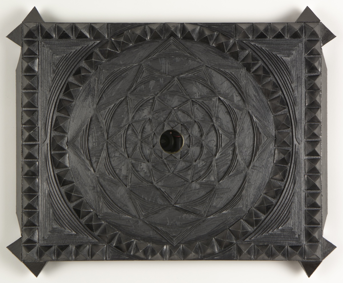 Hard Facade The Black Frames graphite, ink, metallic gouache and Plexiglas mirror on paper and wood construction