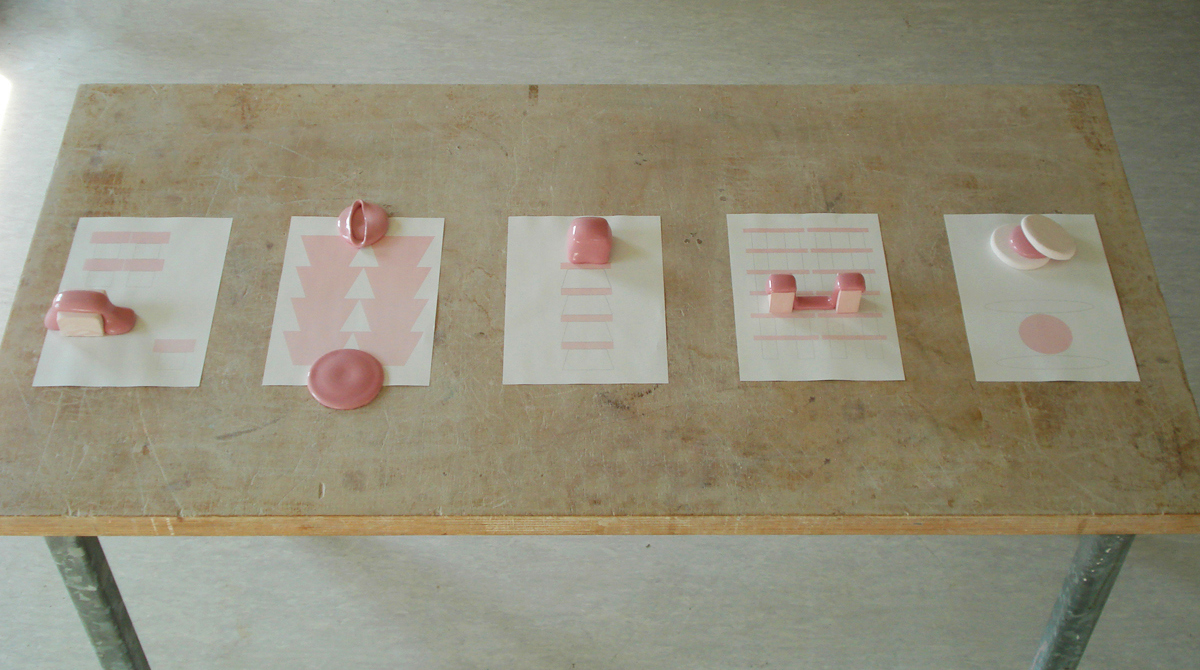 Mie Kongo 2011 - Study of pink porcelain 50/50 porcelain, overfired porcelain 50% + glaze 50%, A4 paper