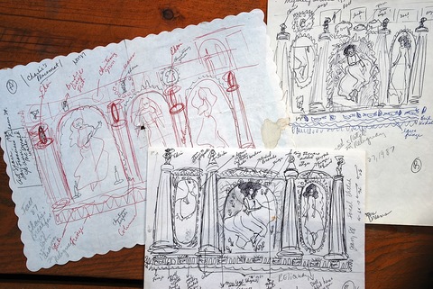 Studies for Reliquary (on coffee shop paper placemats)