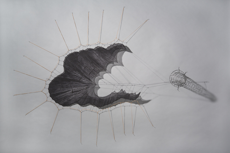 MO  KELMAN Recent Work Shibori-dyed and shaped silk, steel wire, waxed linen, cord, nails