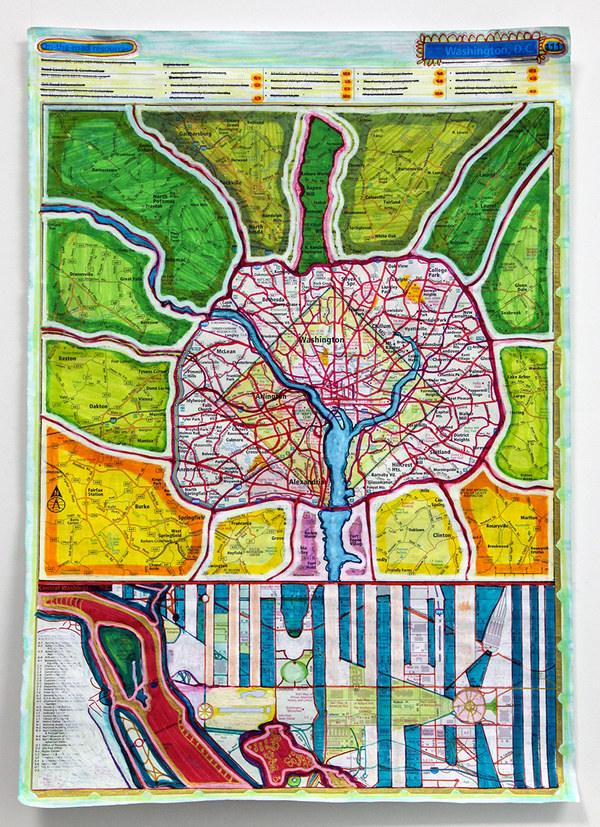 Mollie Murphy Tools for Quarantine watercolor, colored pencil, marker, whiteout on Rand Mcnally map