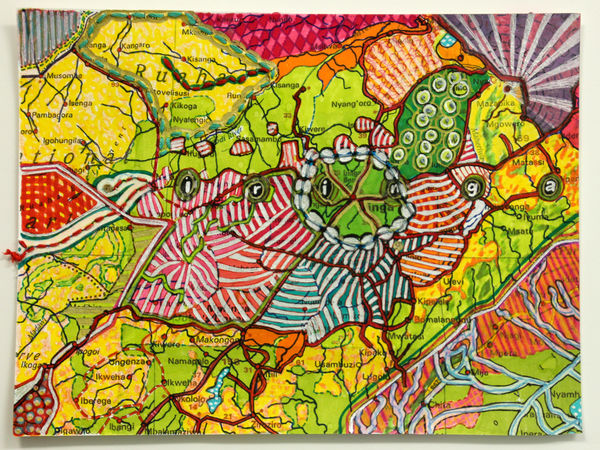 Mollie Murphy Tools for Quarantine watercolor, colored pencil, marker, whiteout on Rand Mcnally map, thread