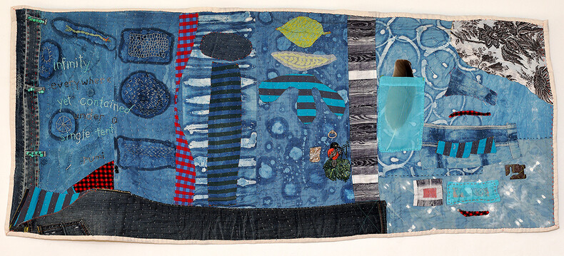 Mollie Murphy Textiles/Quilts various personal and found textiles, dyed cloth (indigo), beads, feathers, scrap metal, quilting , embroidery, applique