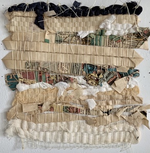 NANCY BRETT Weaving Paper leader tape, newspaper, cheesecloth, linen, and silk