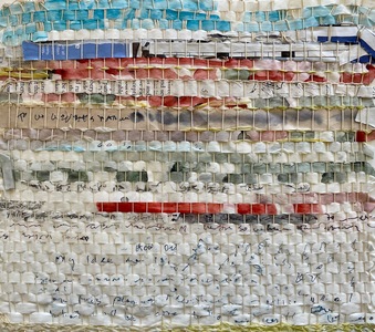 NANCY BRETT Weaving Linen, newspaper, ink and pen