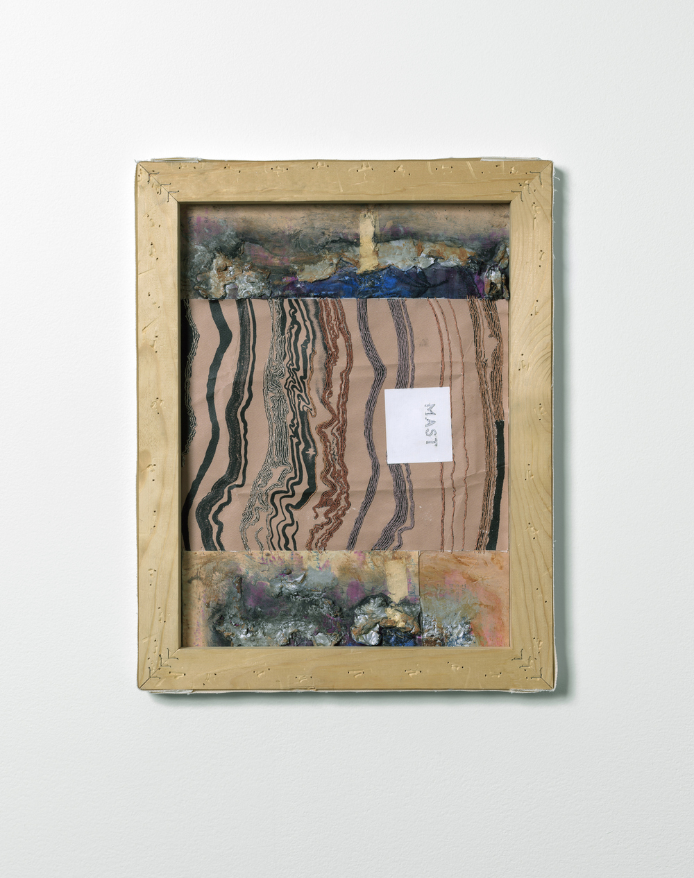 Nicola Ginzel  Selected Flatwork Wrapper embroidered with thread by hand, backed with fabric, collaged with oil pastel, printing ink, dress parts, inside stretcher