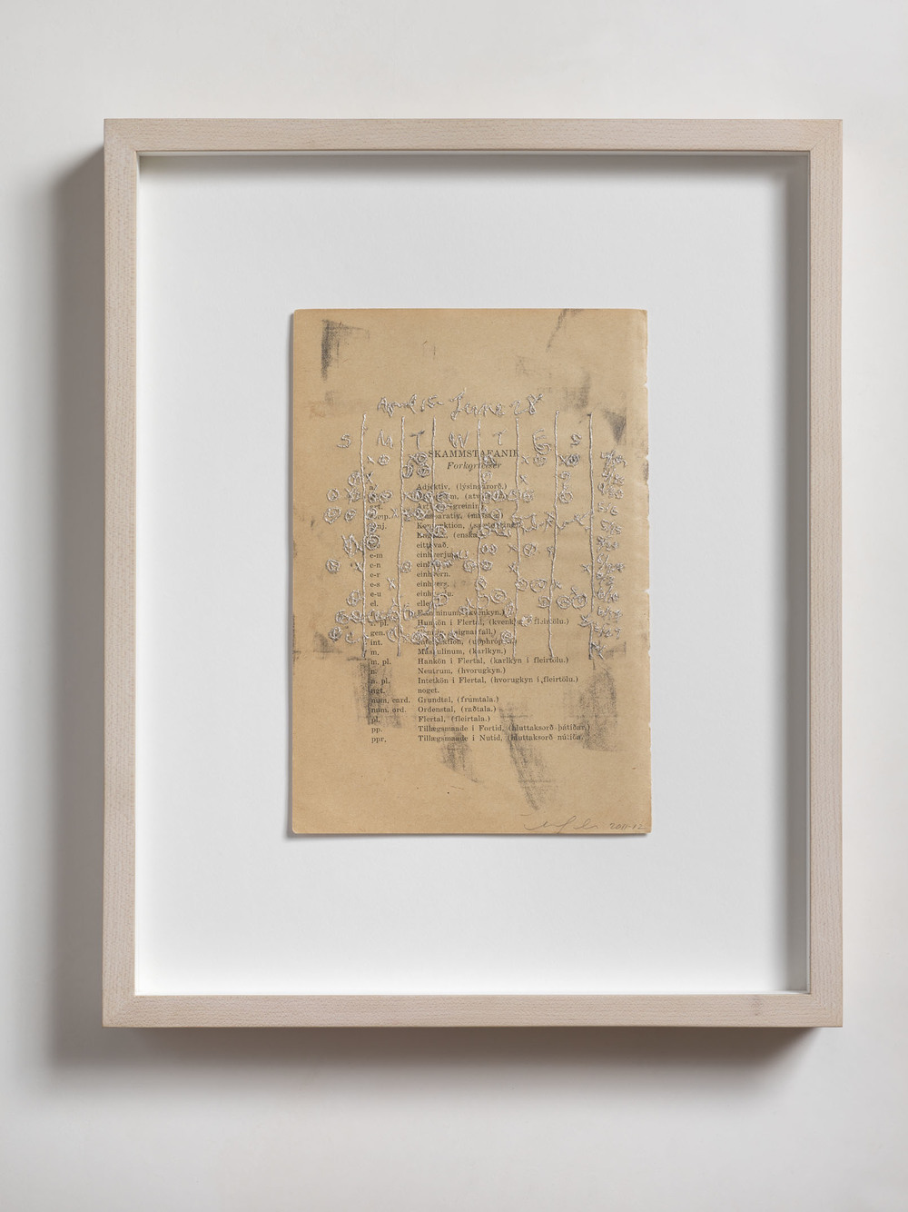 Nicola Ginzel  Archive/ Selected Flatwork  graphite frottage (of schedule) on dictionary page embroidered by hand