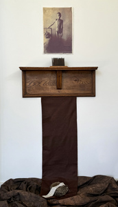 Nancy Wyllie Video Sculpture & Installation Photo printed to fabric with chestnut shelf, sheep carder and birds nest