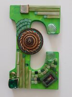 Patricia Rockwood Mosaics: Panels Resin letter, ceramic and glass tile, glass gems, costume jewelry