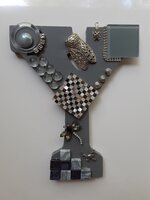 Patricia Rockwood Mosaics: Panels Resin letter, glass tile, gems, found objects