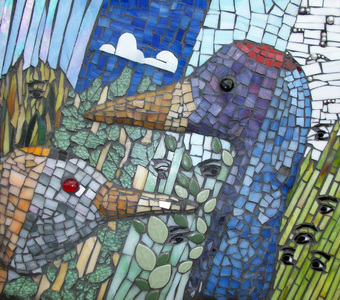 Patricia Rockwood Mosaics: Panels Stained glass, ceramic, glass gems, pearls on board