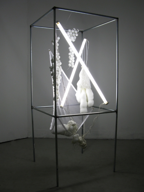Petra Groen Sculpture/ installations mixed media,  fluoresced light, golf balls, nylon stockings