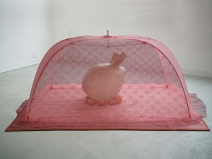 Petra Groen Sculpture/ installations mosquito tent, fiber glass heart, blanket
