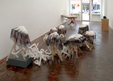Rebecca Ripple work  plaster, sculpt-a-mold, hand dyed fabric, paint, wood, cord