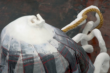 Rebecca Ripple work  plaster, sculpt-a-mold, hand dyed fabric, paint, wood, cord