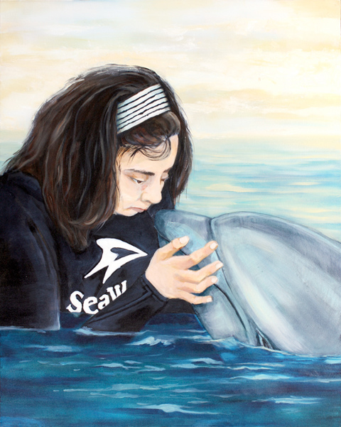 Keisha Swimming with Dolphins - In Memoriam RACHEL MINDRUP Oil Portraits NF2 Oil on Canvas