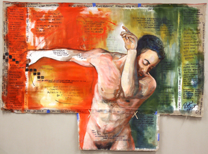 RACHEL MINDRUP Figurative Works Oil, Sharpie, Tape on linen
