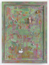  2026 NUDE PEG DOLL ON A CROSS Acrylic on canvas with attached peg doll, sculpted swan,acrylic tubing treaded with cord and toy astronaut figure.