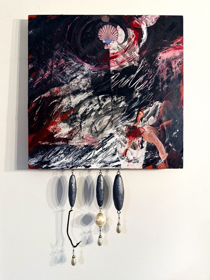 ROBIN JOHNSON  Dogs and Decoys mixed media/wood panel