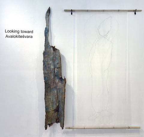 Robyn Ellenbogen Installations Ash tree bark with encaustic, silk organza with hand sewing