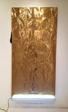 RYAN SARTIN Paintings Gold plated aluminum over black veil with fluorescent light and religious figure