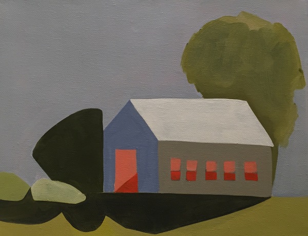 Barn with Hedges and Big Tree