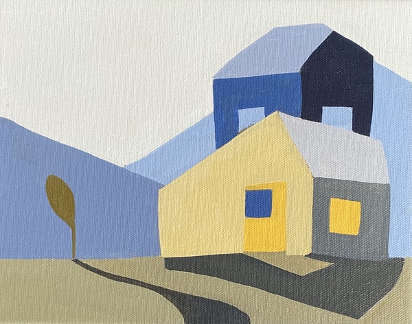  Yellow House with Blue tall Barn