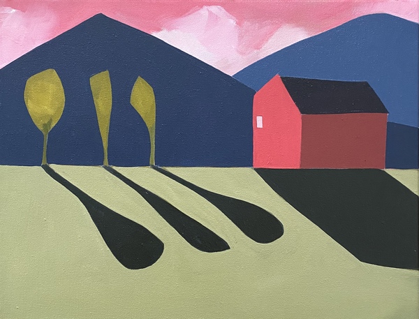 Red Barn with Three Trees, Two Mountains and Pink Sky