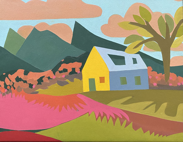 Summer with Yellow House, Tree and Four Mountains