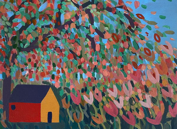 Orange and Red House with Flowers and Flowering Tree