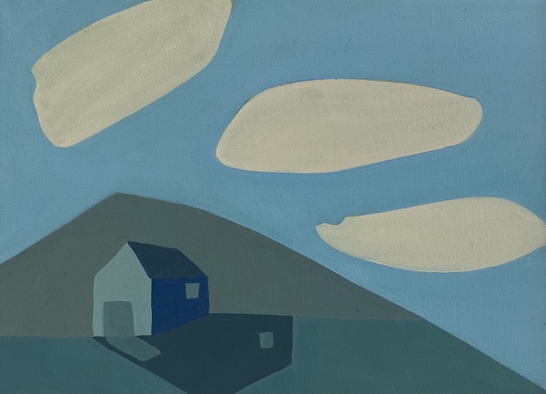 Blue Barn with Three Clouds