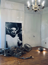 The Bride Of Frankenstein, 2022, 5x4' dibold print, discarded marine rope, and light.